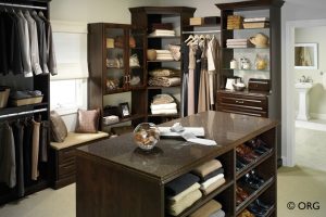 brown shirt storage unit with walk shelves