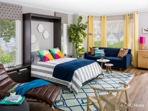 murphy bed with colorful bedspread