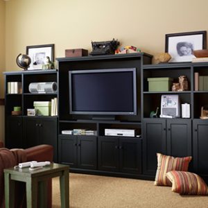A custom-built home entertainment center in a living room setting.